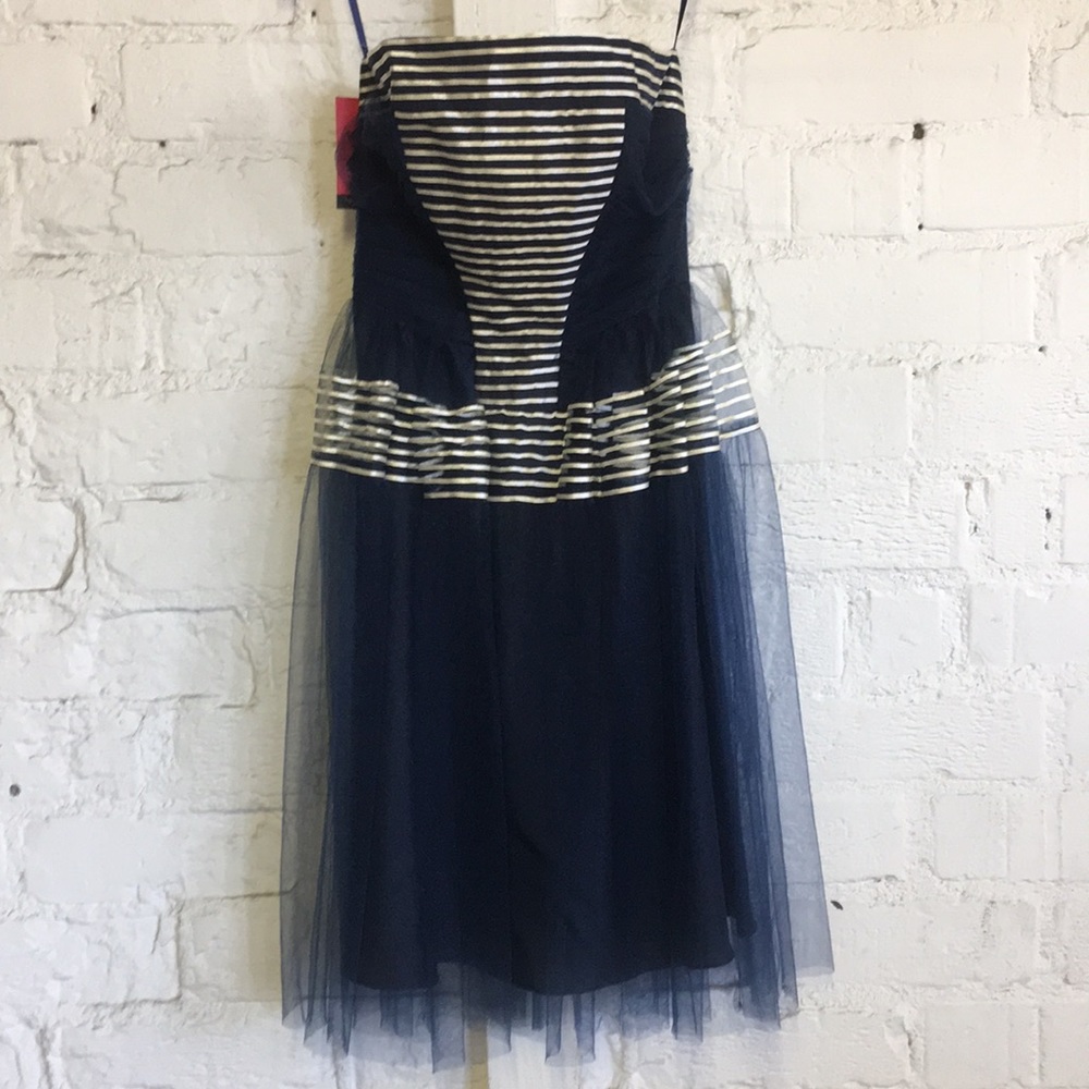 Unique Vintage Navy Blue & White Striped Dress